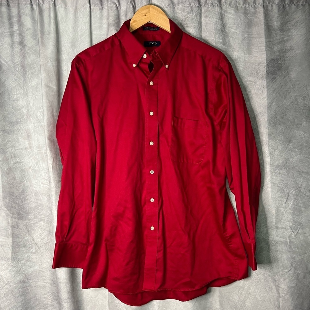 IZOD Crimson Red Cotton Twill Men's Button Down Shirt w Pocket - 16 1/2, 32/33 - Picture 1 of 8